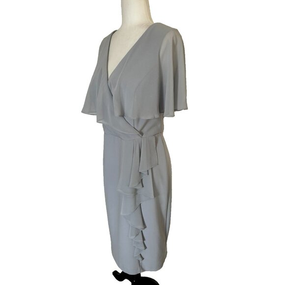 JOSEPH RIBKOFF Dress Size 12 Grey Frost Layered Shoulder Fabric Midi Lined Gray - Picture 6 of 8